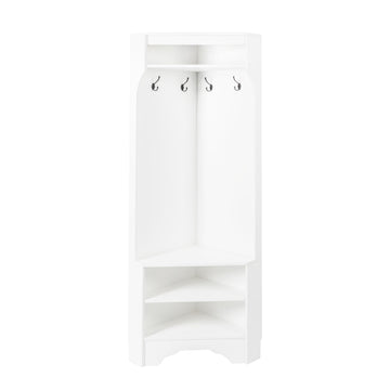 Clihome Minimalist Corner Hall Tree with Shoe Bench, Versatile Entryway Coat Rack with 4 Hooks, Corner Cabinet with Adjustable Shelf for Hallway, Living Room, White, 29.5''W*71.6''H