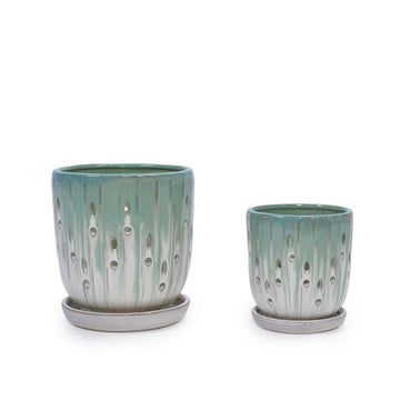 Handmade Green-White Gradient Ceramic Planter Set (7.48"¡Á5.51" & 8.07"¡Á6.1"), Indoor & Outdoor Flower Pots for Orchids