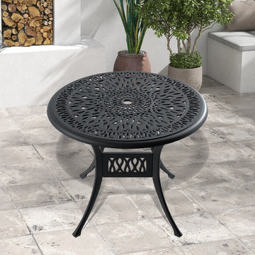 Clihome 35.43-inch Cast Aluminum Patio Dining Table With Black Frame and Umbrella Hole