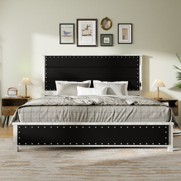 King Size Bed Frame with Upholstered Headboard, King Bed Frame with Charging Station and LED Lights, Wood Slats, Dark Gray Faux Leather & Rivets, No Box Spring Needed, Easy Assembly