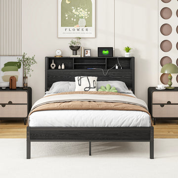Full Size Bed Frame with Storage Headboard, Metal Platform Bed with Charging Station, Bookcase Storage, No Box Spring Needed, Easy Assembly, Noise-Free, Black