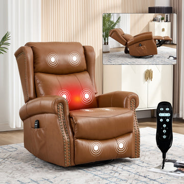 Manual Recliner Chair Heat Massage with Rocker and Swivel, Brown