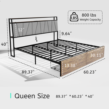 Queen Bed Frame with Storage, Ergonomic Headboard, Bed Frame with 2 Storage Drawers, Built in Charging Station & LED, Outlets & USB, Queen Size, Noise Free, No Box Spring Needed, Rustic Brown