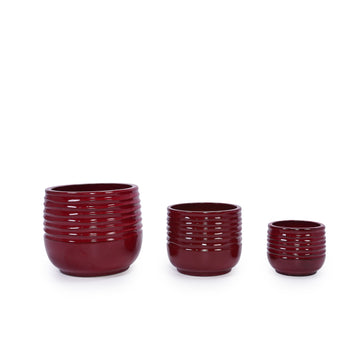 Handmade Ceramic Planter Set of 3 - All-Weather Deep Red Brown Glossy Pots, Large 15", 11", 8" Sizes for Outdoor/Indoor Succulents
