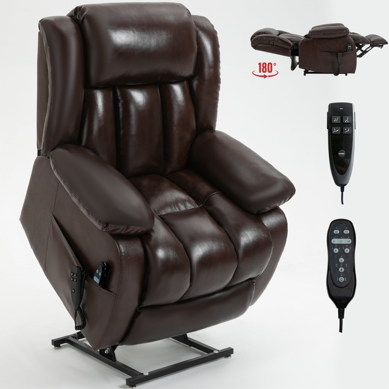 Dual Motor Infinite Position Up to 350 LBS Electric Medium size Genuine Leather/Faux Leather Brown/Black Power Lift Recliner Chair with 8-Point Vibration Massage and Lumbar Heating