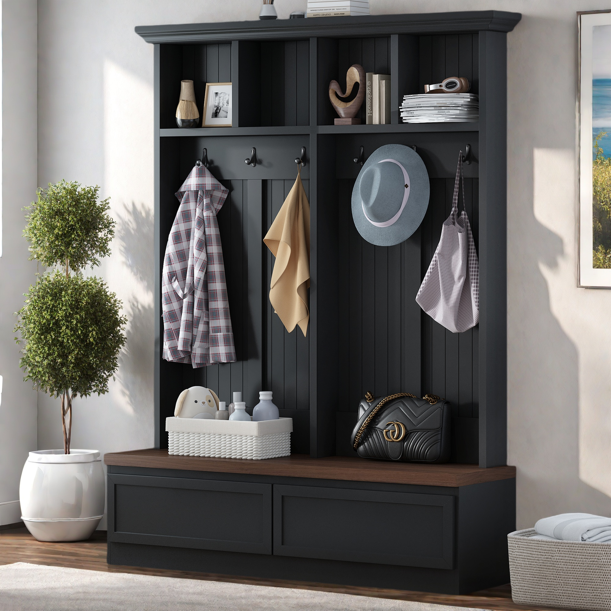 Farmhouse 4-in-1 Hall Tree with Wood Grain Bench, Mudroom Versatile Coat Rack with 2 Large Drawer, Entrance Organizer for Hallway, Living Room, Black/White, 55.9"W