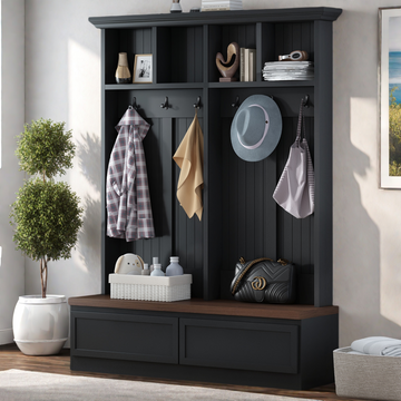 Farmhouse 4-in-1 Hall Tree with Wood Grain Bench, Mudroom Versatile Coat Rack with 2 Large Drawer, Entrance Organizer for Hallway, Living Room, Black/White, 55.9