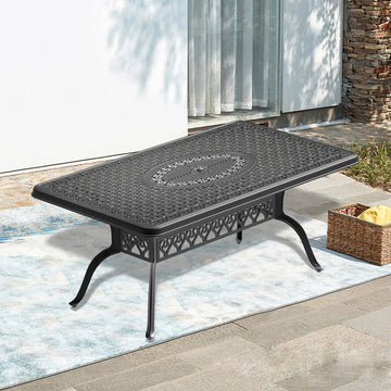66.9" Cast Aluminum Outdoor Patio Dining Table with Umbrella Hole, Rectangular Black Metal Table for Backyard, Garden & Deck
