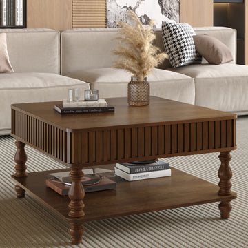 31.5inches Fluted Lift Top Coffee Table, Hydraulic Adjustable Table with Storage Solid Wood Legs for Home