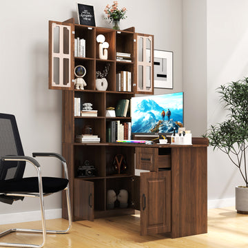L-Shaped Corner Computer Desk for Home Office or Study desk, Study Modern Style Table with Drawers, Bookshelf & Hutch, 2-in-1 L-Shaped Design, Large Working Space
