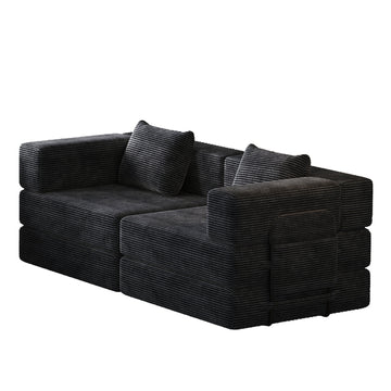 72.4" Convertible Sofa Bed, Premium Corduroy Sleeper Sofa with Side Storage Pockets, Black