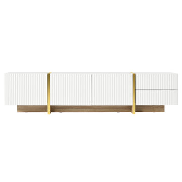 Clihome Luxury Fluted TV Stand for TVs Up to 80'', Modern Entertainment Center with Storage Cabinets & Drawers, Smooth Media Console with Golden Wood Grain Legs for Living Room, White