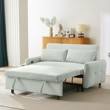 57.48" Pull-out Sofa Bed Convertible Couch 2 Seat Loveseat Sofa Modern Sleeper Sofa with Two Throw Pillows and USB Ports for Living Room, Light Grey-Green