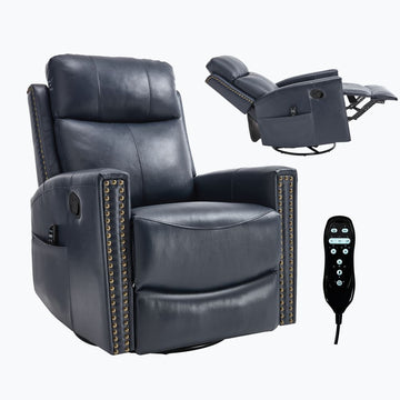 Genuine Leather Heat Massage Manual Recliner Chair with Rocker and Swivel for Living Room