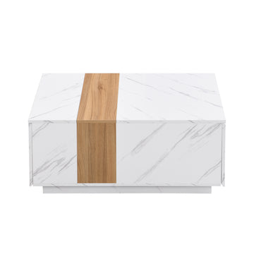 Clihome Modern 35.4 x 23.6 Inch Two-tone Coffee Table with Faux Marble and Walnut Wood Grain Finish, Rectangular Center Table with 2 Storage Drawers, Practical Cocktail Table for Living Room, White