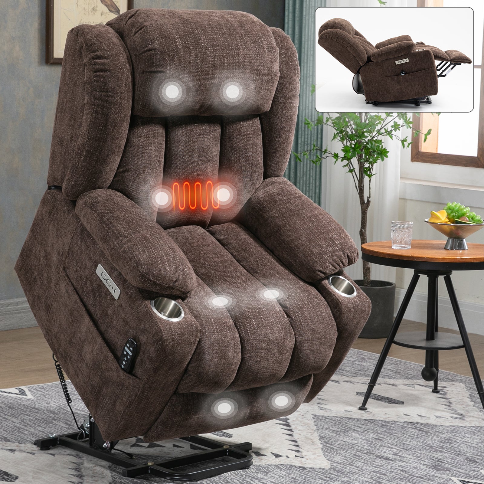 Clihome Up to 350 LBS Chenille Power Lift Recliner Chair Heavy Duty Motion Mechanism with 8 Point Vibration Massage and Lumbar Heating USB and Type C Ports Stainless Steel Cup Holders Brown