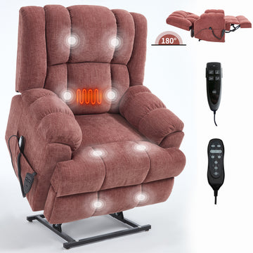 Dual Motor Heat Massage Infinite Position Up to 350 LBS Electric Power Lift Recliners with Power-Remote, Medium-firm and Heavy Duty, Red/Light Grey/Beige