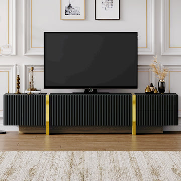 Luxury Fluted TV Stand for TVs Up to 80'', Modern Entertainment Center with Storage Cabinets & Drawers, Smooth Media Console with Golden Wood Grain Legs for Living Room, Black/White