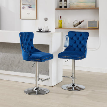 Thick Chrome Swivel Velvet Barstools,Adjustable 25-33inchesHeight,Modern Upholstered with17.7inches Base,Tufted ButtonsandDiamond Pleating (Blue, Set of 2)