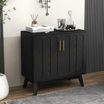 Modern Fluted Sideboard Cabinet with Adjustable Shelves & Solid Wood Legs, Black Buffet Cabinet with Storage