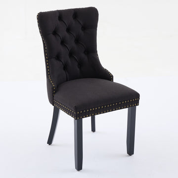 High-end Tufted Solid Wood Contemporary Flax Upholstered Linen Dining Chair with Wood Legs Nailhead Trim 2-Pcs Set,Black Fabric and Black Legs