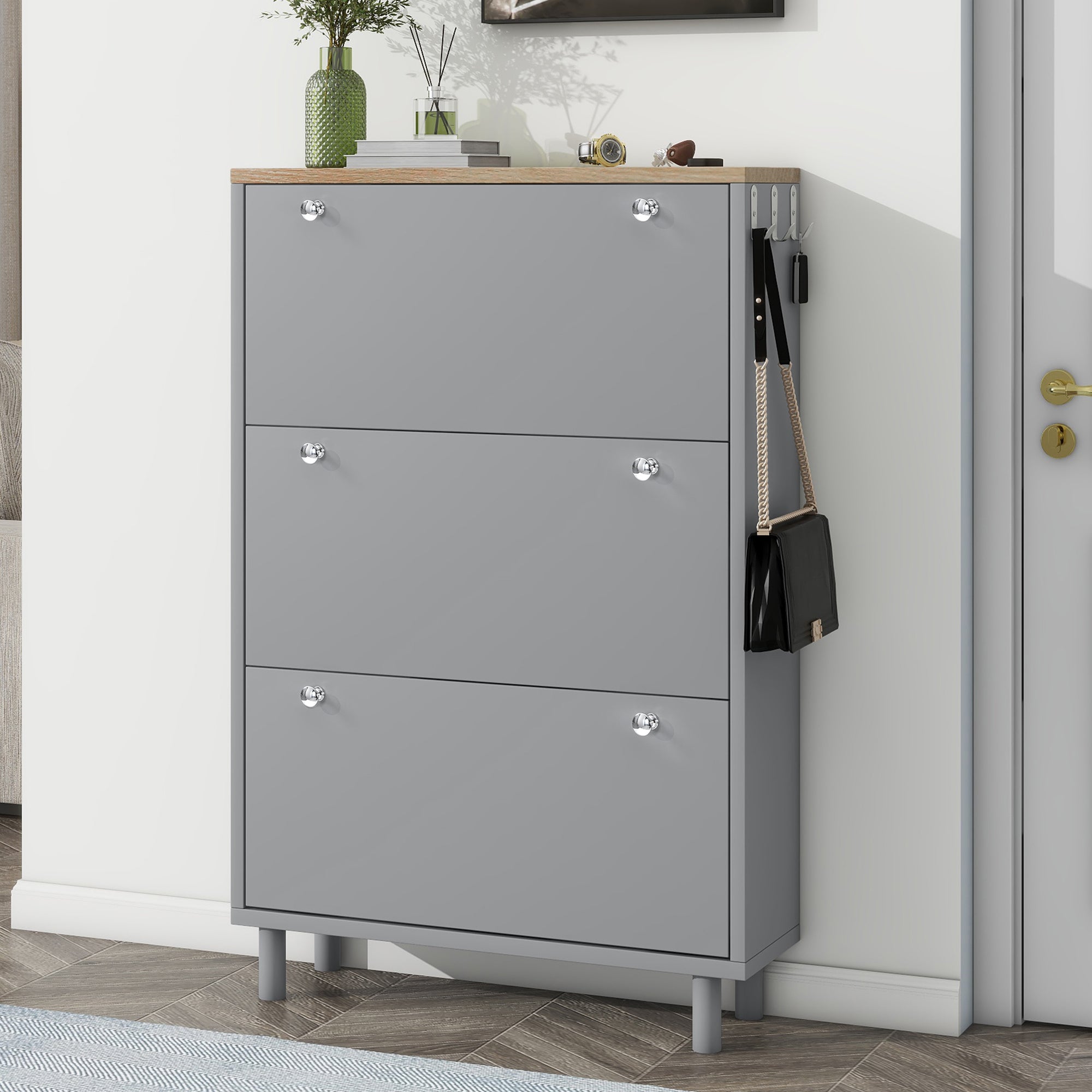 Narrow Design Tipping Bucket Shoe Cabinet with 3 Flip Drawers, Wood Grain Pattern Top Entryway Organizer with 3 Hooks, Free Standing Shoe Rack with Adjustable Panel for Hallway, Grey