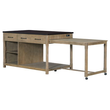 Clihome Extendable Kitchen Island with Storage, Multi-Functional Kitchen Cart with Built-In Power Outlets, Retro Kitchen Island on Wheels with Drawers and Open Shelves for Kitchen (Espresso+Natural)