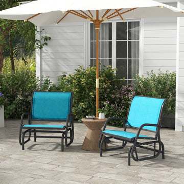 Porch Glider Set of 2, Metal Swing Glider Chairs with Mesh Fabric, Curved Armrests and Steel Frame, Blue