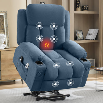Power Lift Recliner Chair with Heat and Massage Electric Fabric Recliner Chair for Elderly with Side Pocket,Blue