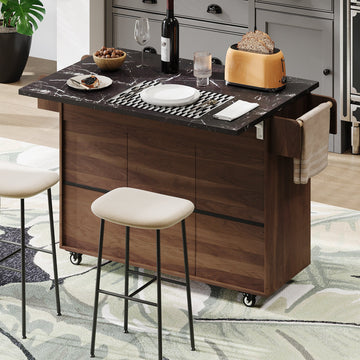 Mobile Kitchen Island Cart Foldable Top, Convertible to Fixed Cabinet with Trash & Storage, Brown