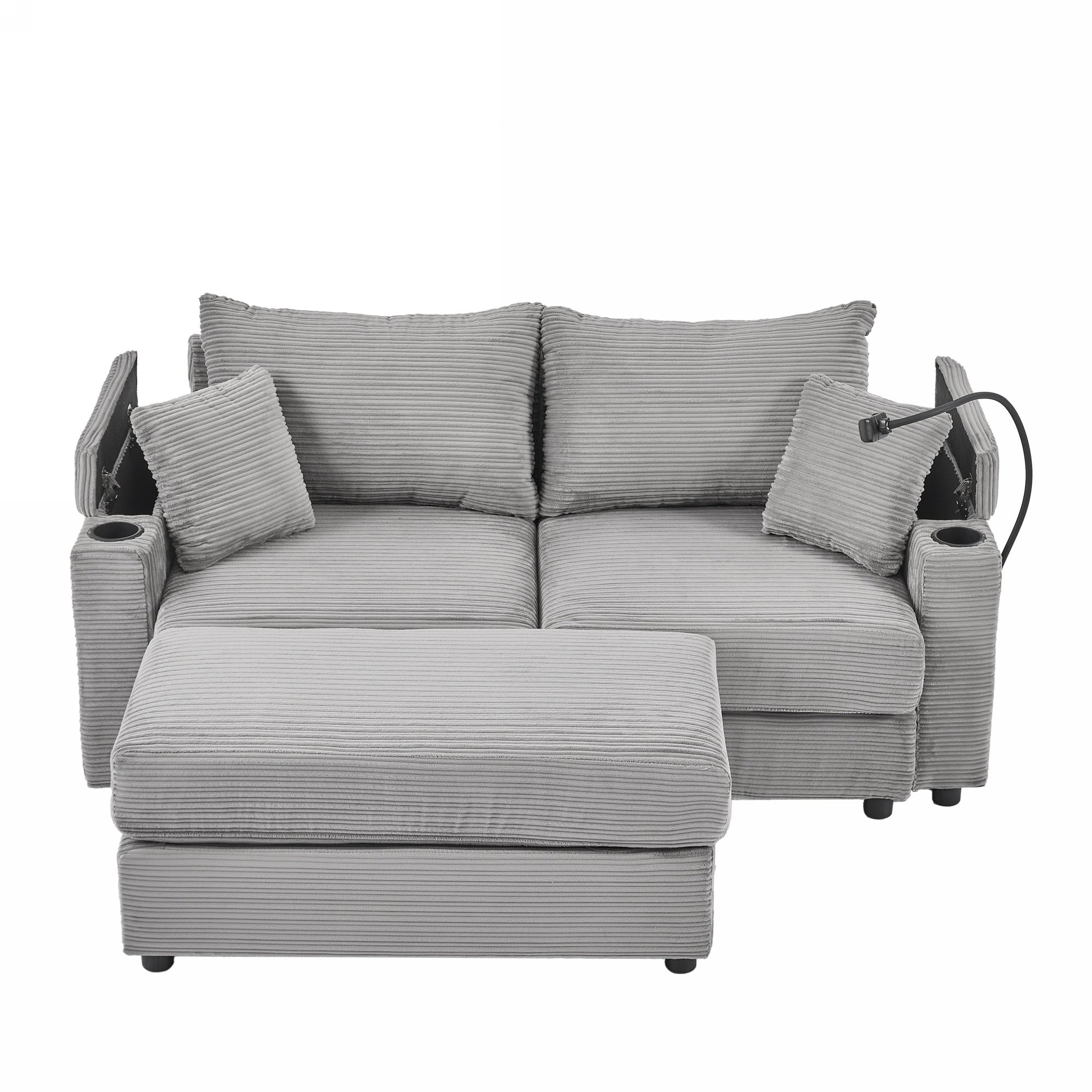 72.8" Modern Style Loveseat Sofa Sectional Sofa Couch with Storage Space, A Movable Ottoman, Two USB Ports, Two Cup Holders, A Phone Holder for Living Room, Gray/Green/Beige