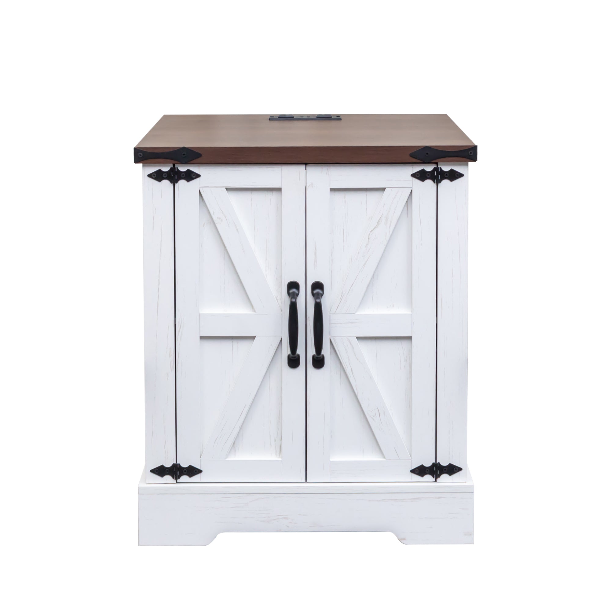 Farmhouse End Table with Charging Station, Rustic Wood Nightstand with Adjustable Shelf, 19.6"W Versatile Walnut Sofa Side Table with Barn Doors & Retro Hinges for Bedroom, Living Room, White