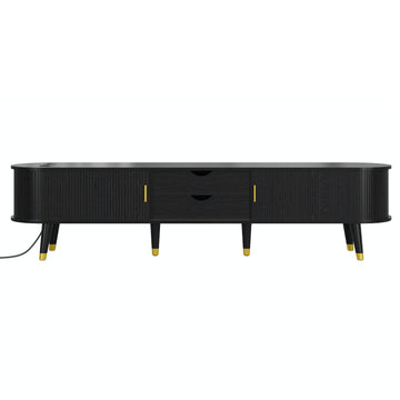 Wooden Farmhouse TV Stand & Coffee Table Set with Charging Station, Oval Fluted Media Console with Sliding Doors for TVs up to 80