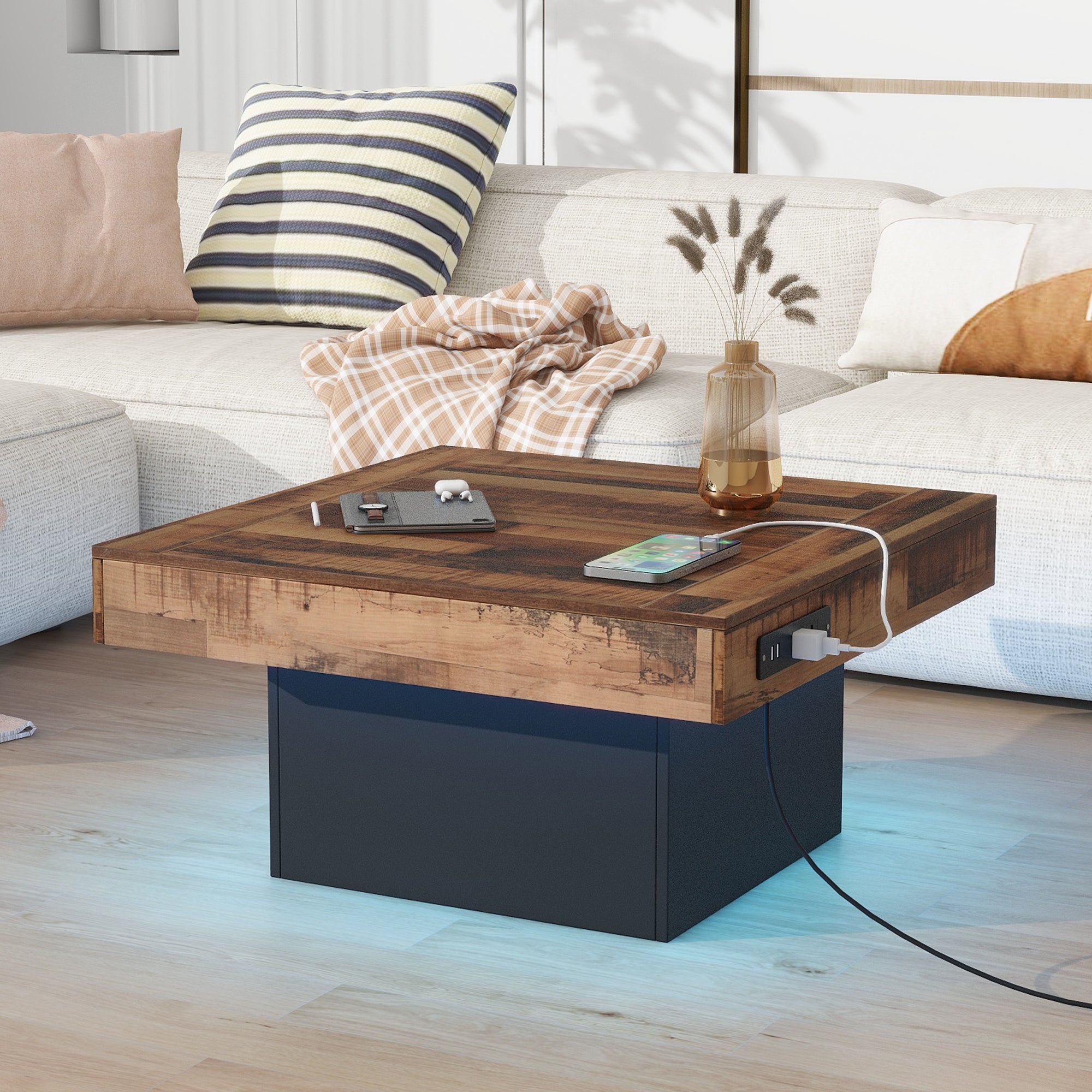 31.4'' x 31.4'' Farmhouse Coffee Table with 2 USB Ports and Outlets, Brown Spliced Wood Grain Center Table with LED Light, Rustic Cocktail Table with Charging Station for Living Room, Black/White