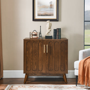 Modern Fluted Sideboard Cabinet with Adjustable Shelves & Solid Wood Legs, Walnut Buffet Cabinet with Storage