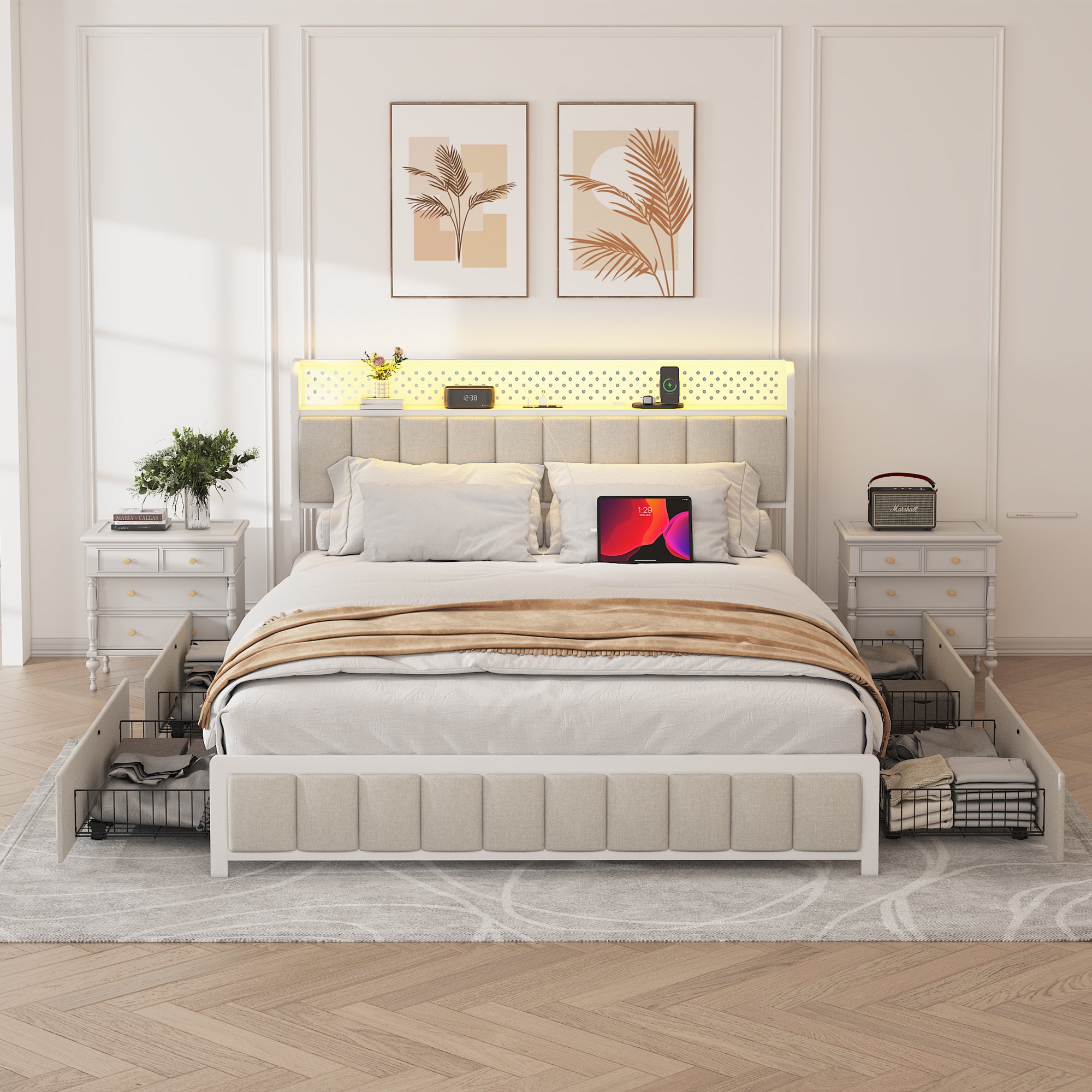 Full Size Platform Bed with 4 Drawers, Metal Bed Frame with LED Lights and Charging Station, No Box Spring Needed, (Beige), Noise Free,Easy Assemble.