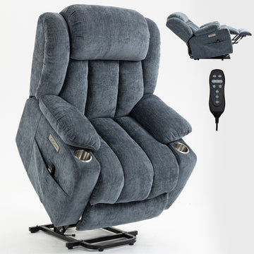 Up to 350 LBS Chenille Power Lift Recliner Chair, Heavy Duty Motion Mechanism with 8-Point Vibration Massage and Lumbar Heating, USB and Type-C Ports, Stainless Steel Cup Holders, Blue/ Brown/ Brown1/Blue1/Grey