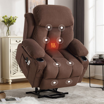 Power Lift Recliner Chair with Heat and Massage Electric Fabric Recliner Chair for Elderly with Side Pocket,Remote Control for Living Room (BROWN)