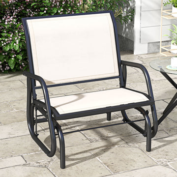 Porch Glider, Metal Frame Swing Glider Chair with Mesh Fabric, Curved Armrests, Steel Frame,Beige