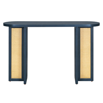 Clihome Farmhouse Rattan Console Table Entryway Table, Narrow Console Table with Storage, Hallway Table for Living Room, Entrance (Navy)