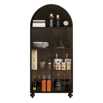 Modern Arched Storage Cabinet with Glass Doors, Open Display Shelves – Farmhouse Style Kitchen Pantry, Dining Room Accent Cabinet, Freestanding Bookcase for Living Room & Office