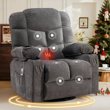 Oversized Massage Swivel Recliner Chair with Lumbar Heating for Living Room Rocker Recliner with Cup Holders and USB Charge Port,Grey