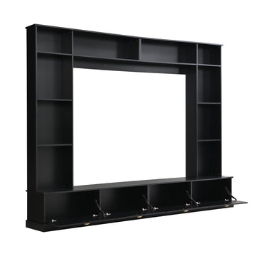 Large Wall Unit Entertainment Center with Bookshelves for TVs Up to 78'', Modern TV Console with Cabinets and Open Shelves, 4-in-1 TV Stand with Golden Handles, Black/White