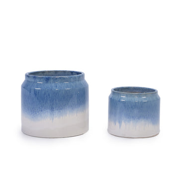 Handmade Non-Porous Ceramic Planter Set of 2, 8" & 6" Diameter, Blue-White Drip Glaze, for Aquatic Plants Indoor/Outdoor Shelf & Table Use, Breathable Clay