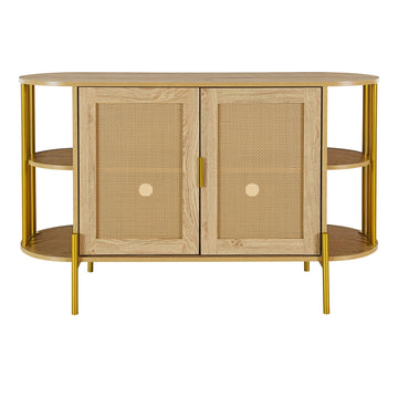 Clihome 2-Door Elegant Curved Dining Cabinet with Gold Trim and Woven Rattan Doors for Dining Room (Natural)