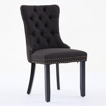 High-end Tufted Solid Wood Contemporary Flax Upholstered Linen Dining Chair with Wood Legs Nailhead Trim 2-Pcs Set,Black Fabric and Black Legs