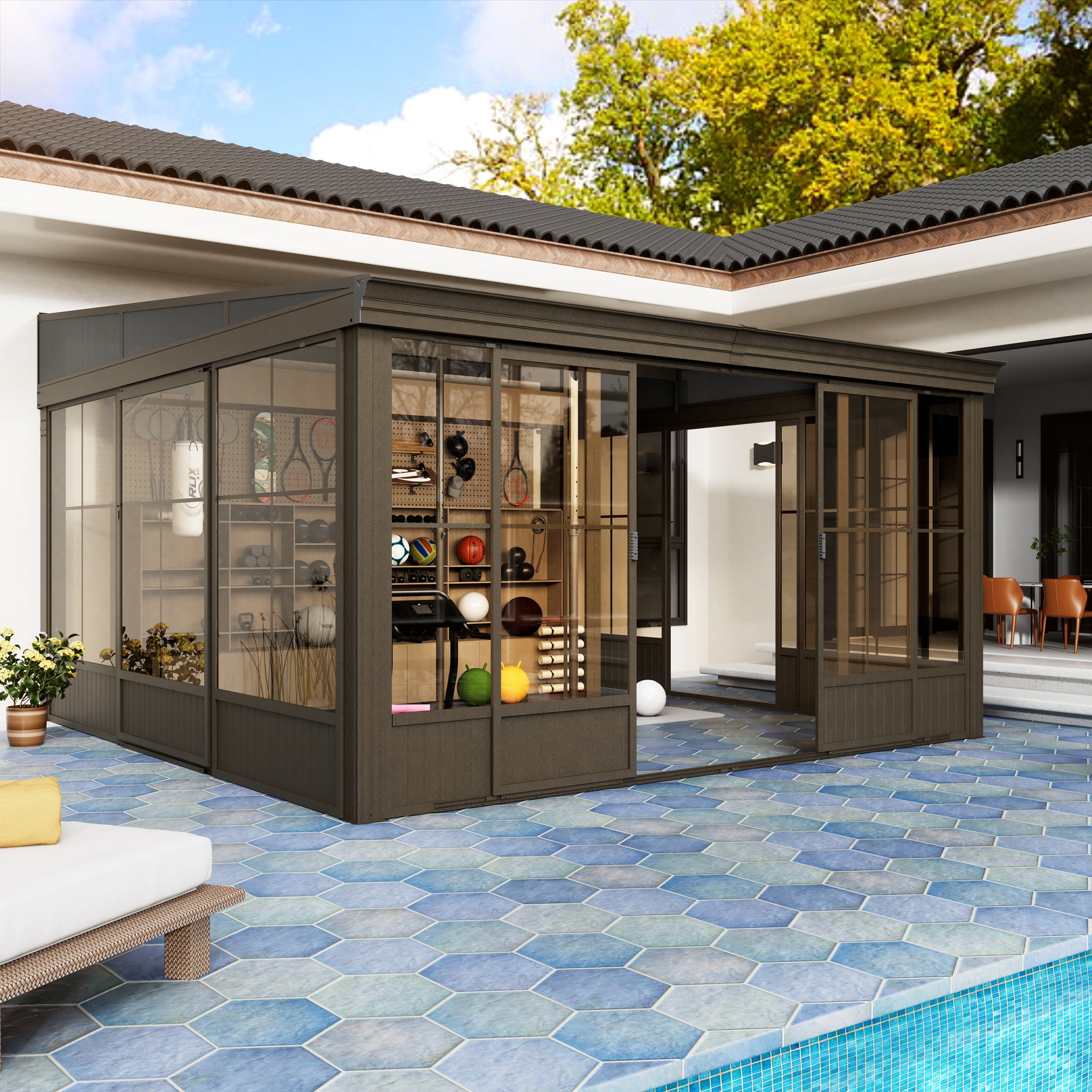 12 ft. x 14 ft. Wall Mounted Gazebo, All-Season Patio Gazebo Sunroom with Side Door, Outdoor Permanent Sunroom
