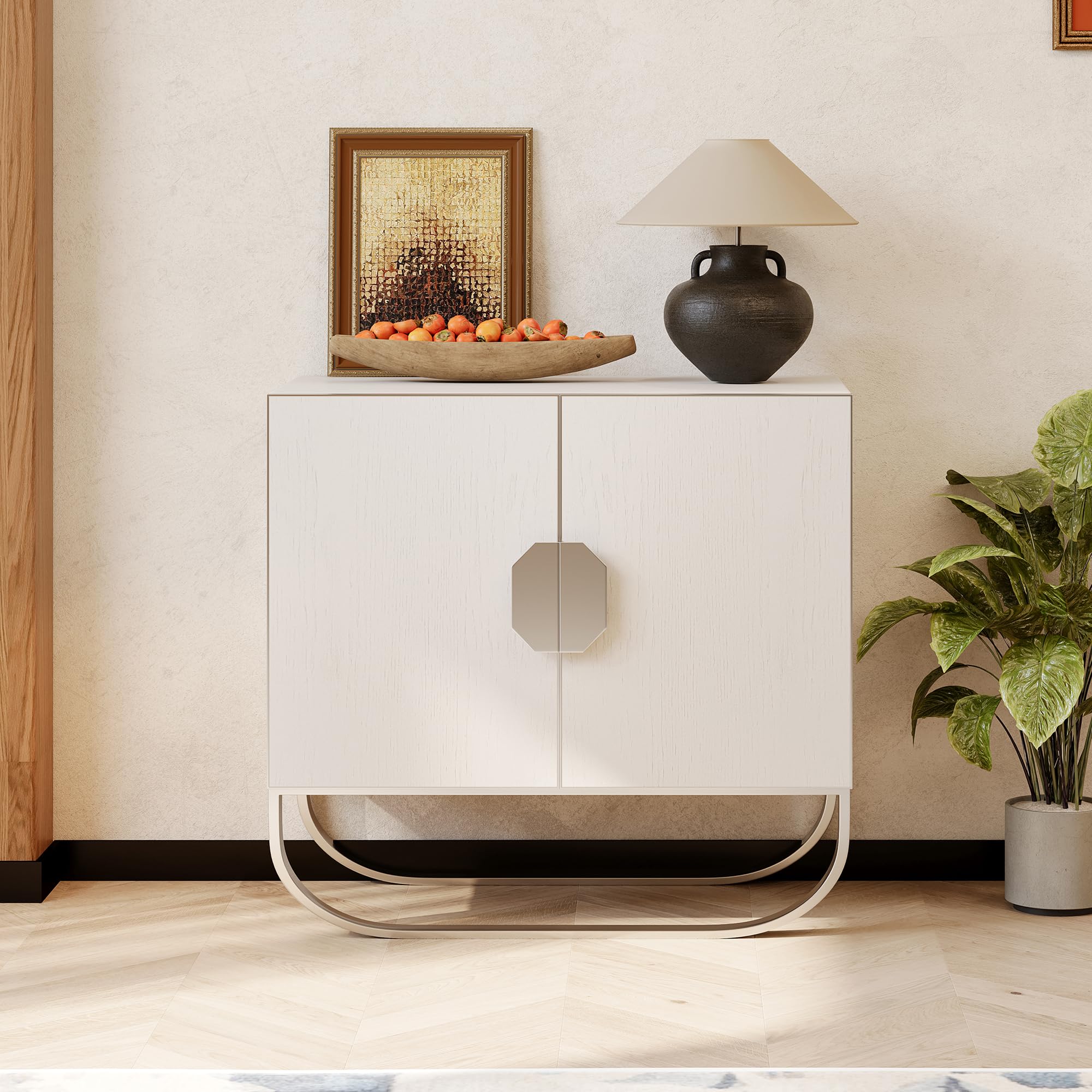 2-door Storage Cabinet,Antique Cream,U-shaped metal leg