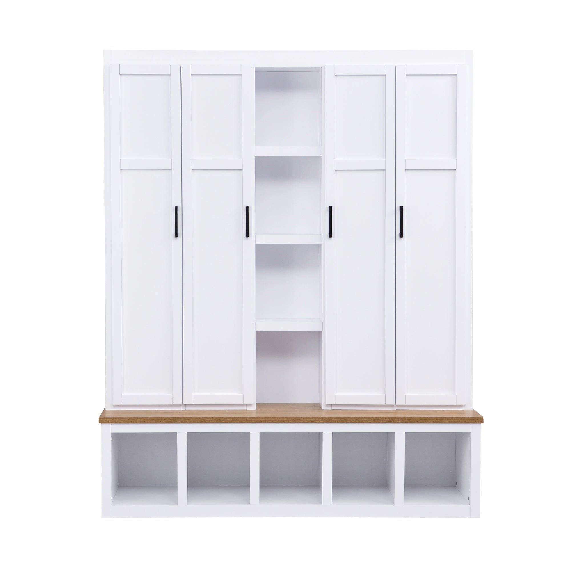 62.9"W Farmhouse 4-in-1 Hall Tree with 6 Hanging Hooks, Mudroom Wood Grain Bench with Open Compartments, Entryway Shoe Cabinet with Seating Bench for Living Room, Hallway, White/Black