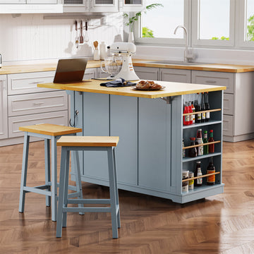 Kitchen Island Cart with Barn Doors & Storage Shelves, 5 Lockable Casters Kitchen Island, Grey-Blue